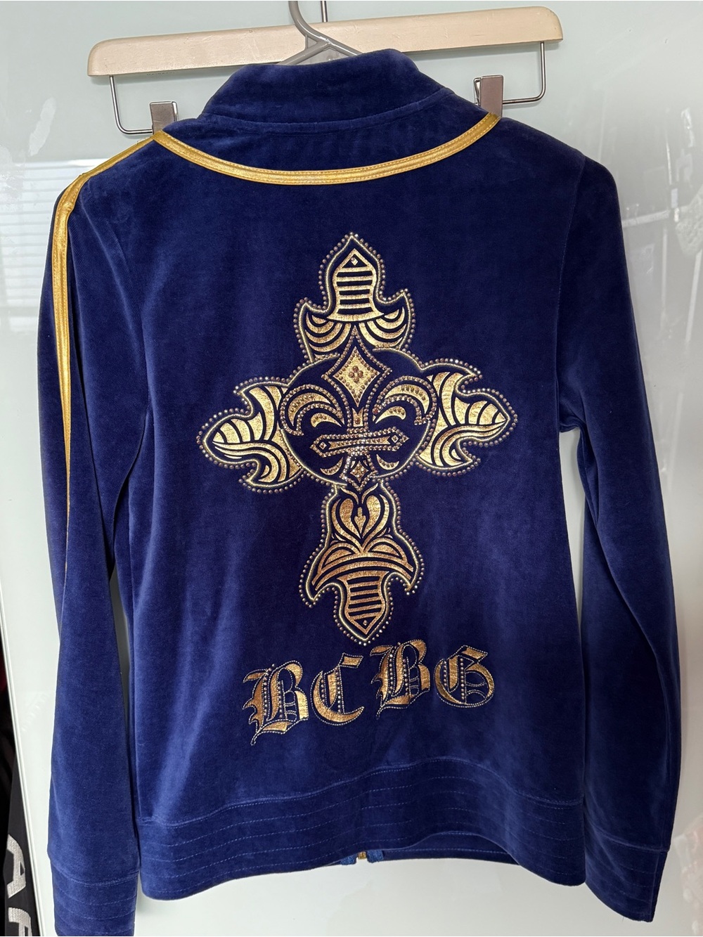 BCBG Navy Velour Jacket with Gold Cross Appliqué and Trim